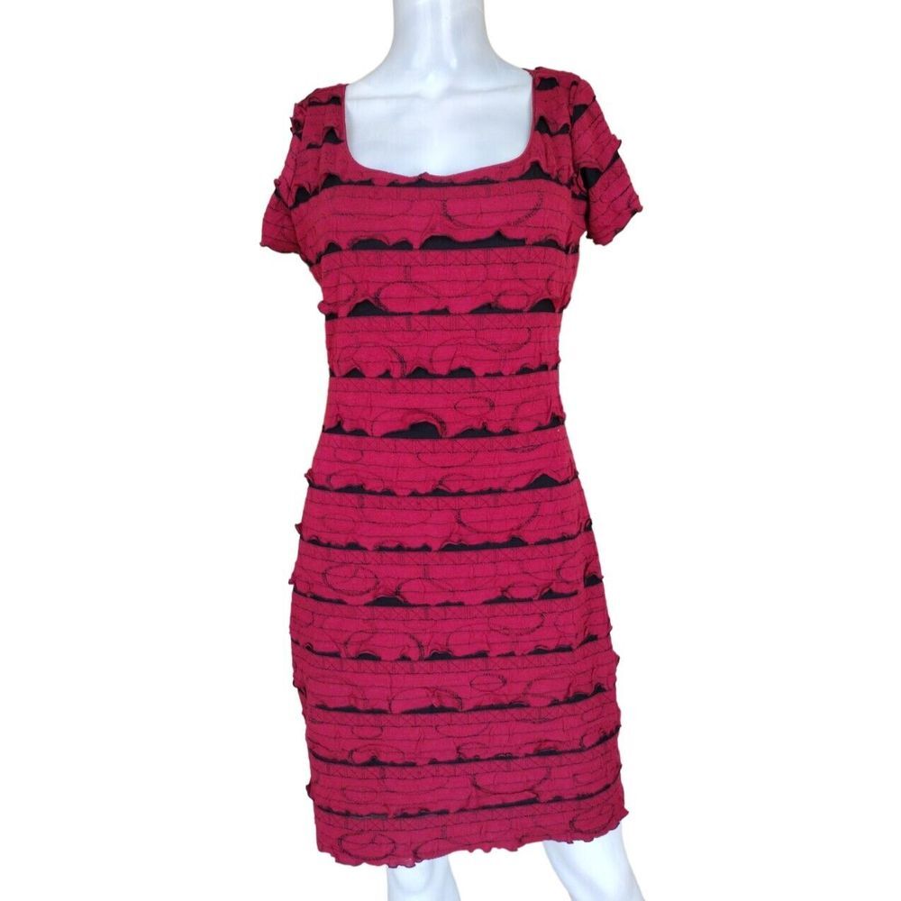 Studio M Dress Woman Medium Red Blackโ Ruffle Party Stretch Midi Dress Lined